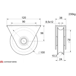 Vodiace koliesko ø 100mm s oporou Combi Arialdo, pre profil C902/20, nosnosť 230kg Vodiace koliesko ø 100mm s oporou Combi Arialdo, pre profil C902/20, nosnosť 230kg